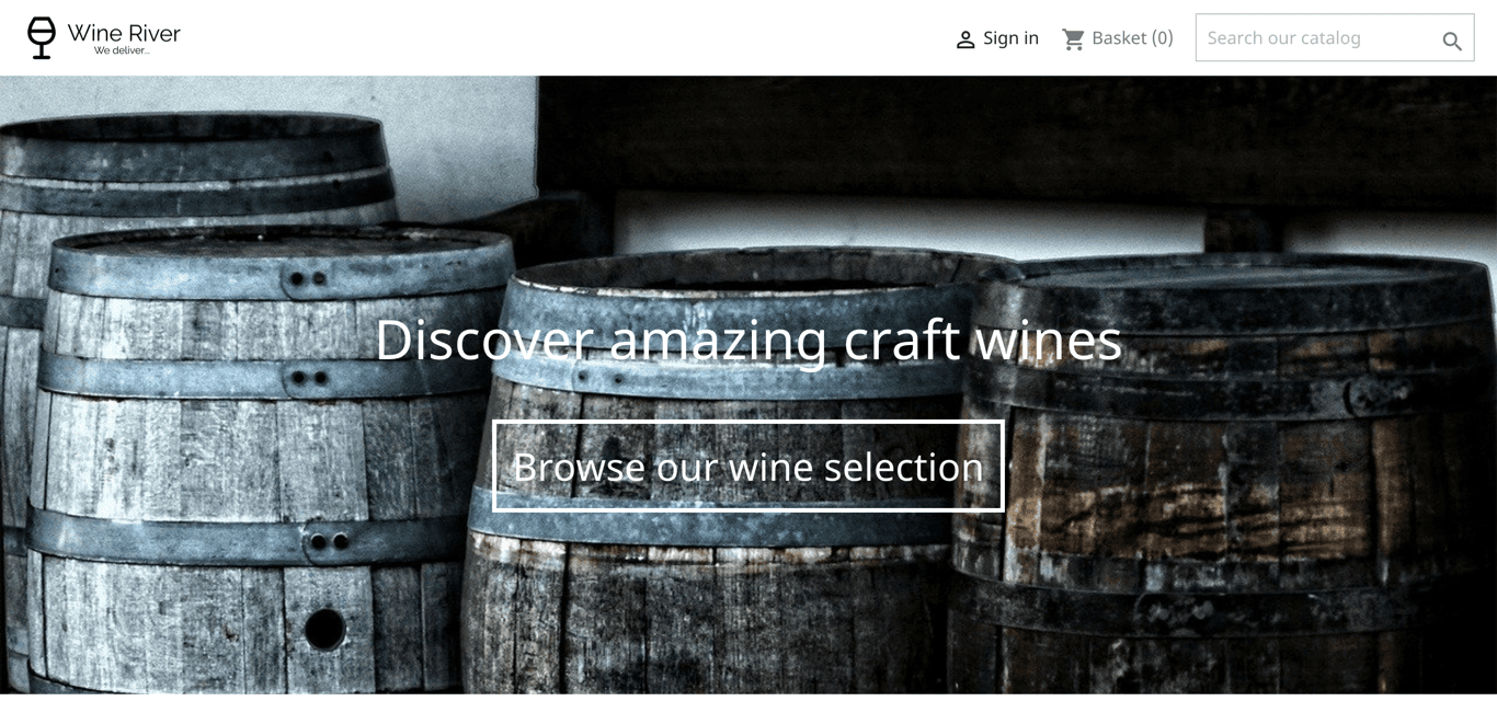 Wine River storefront — the live craft wine shop with its barrel hero, brand header, and catalogue navigation