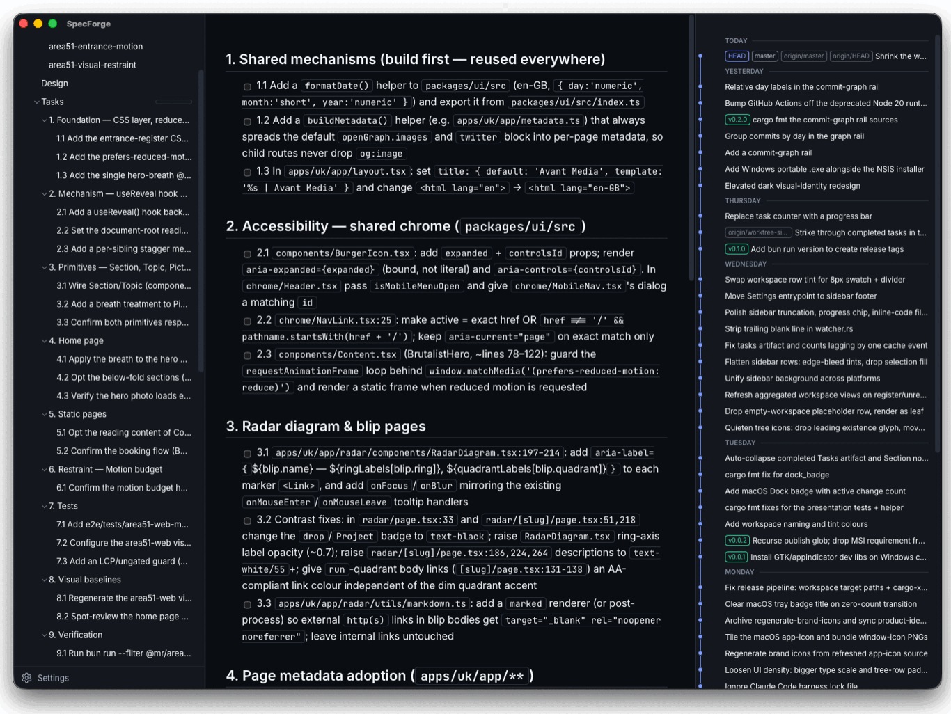 SpecForge's three-pane window: a workspace tree of OpenSpec changes on the left, a change's task list rendered as a document in the centre, and a repository's git commit graph on the right