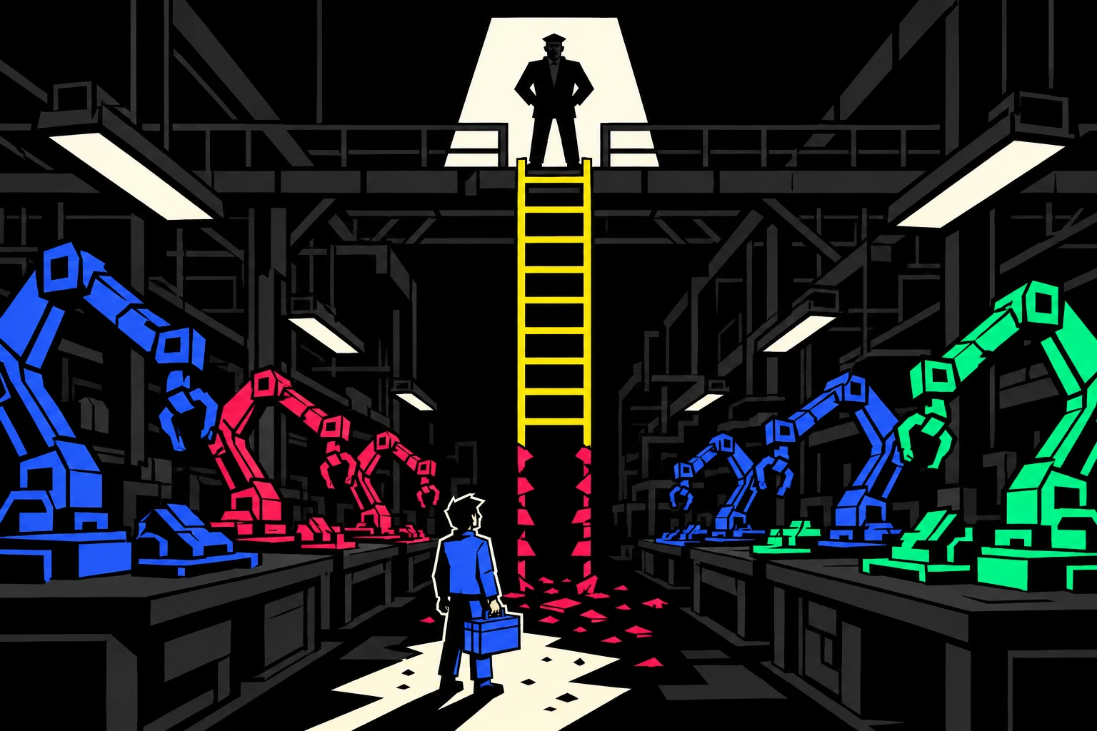 An apprentice with a toolbox looks up a tall ladder whose bottom rungs have snapped off, toward a foreman high on a lit gantry
