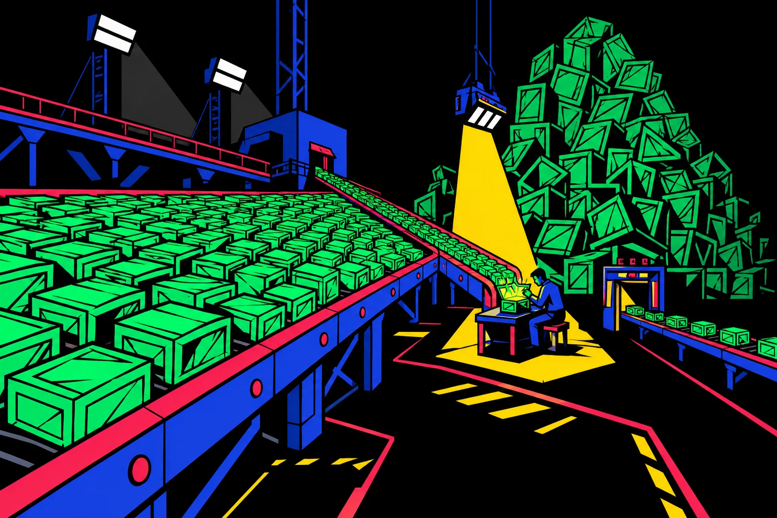 A wide conveyor crammed with glowing crates funnels into a single spotlit inspection bench, with crates piling into a mountain behind it