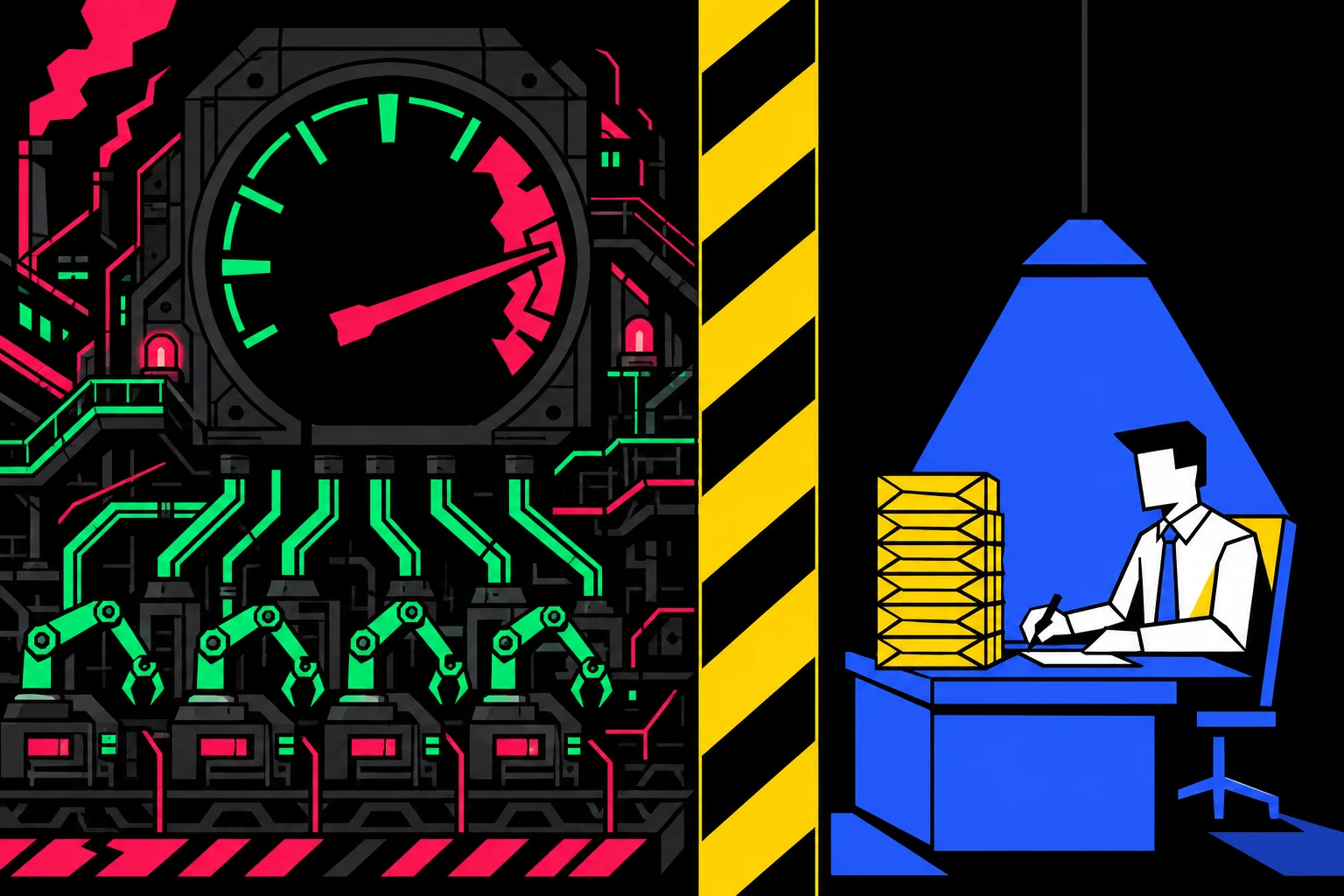 A giant industrial fuel gauge slammed into the red beside a calm accountant at a desk with a neat stack of pay envelopes