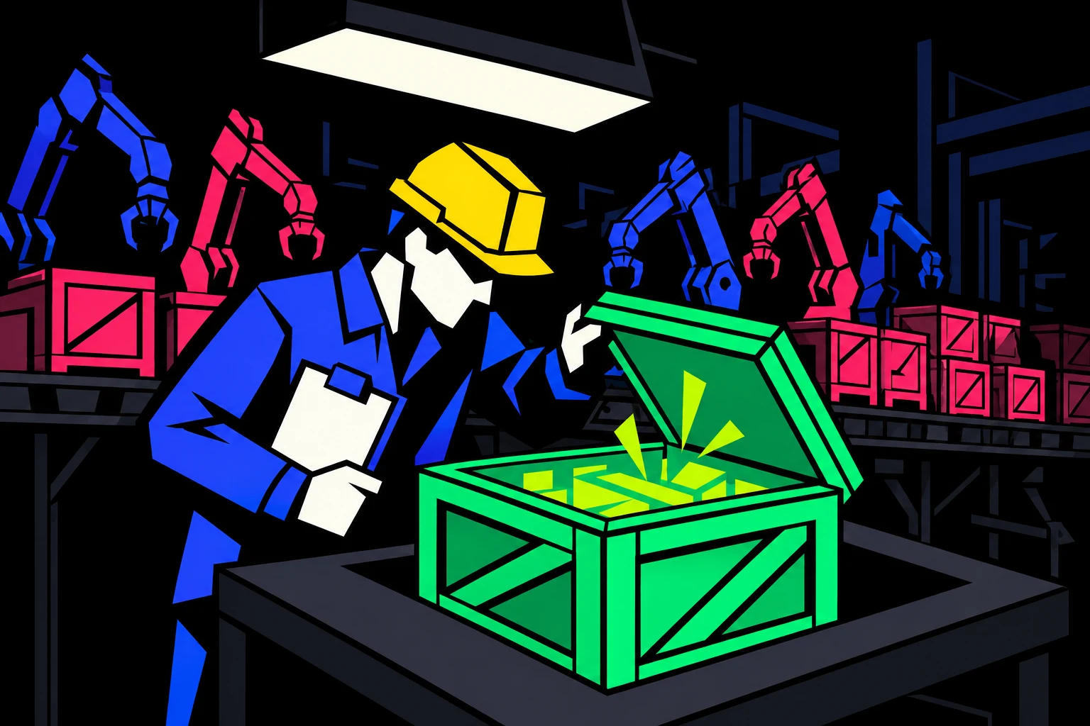 A foreman in a hard hat prises open a glowing crate at an inspection bench while robot arms wait motionless in the dark