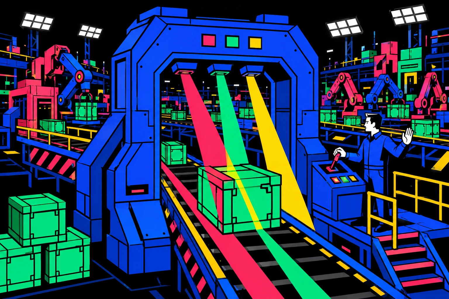 Crates pass through a fortified scanner archway with sweeping pink, green and yellow beams while an inspector at a control panel waves one onward