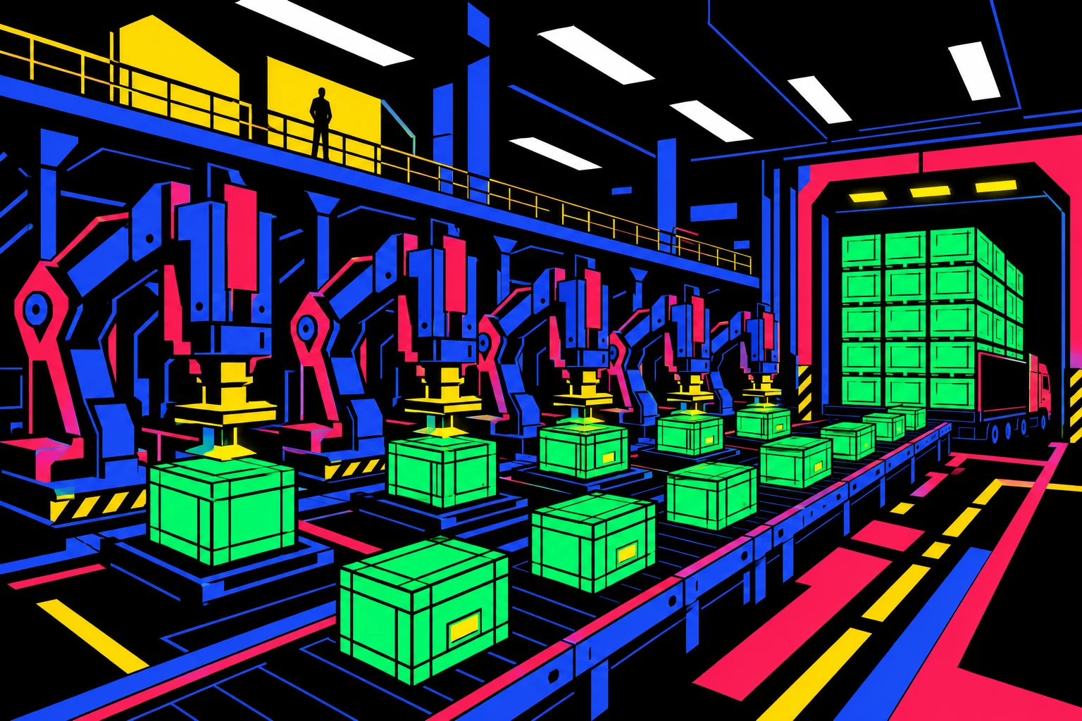 A neon-lit factory running at night: robotic arms stamp out glowing crates of code beside a stacked loading bay, watched by a lone figure on the gantry