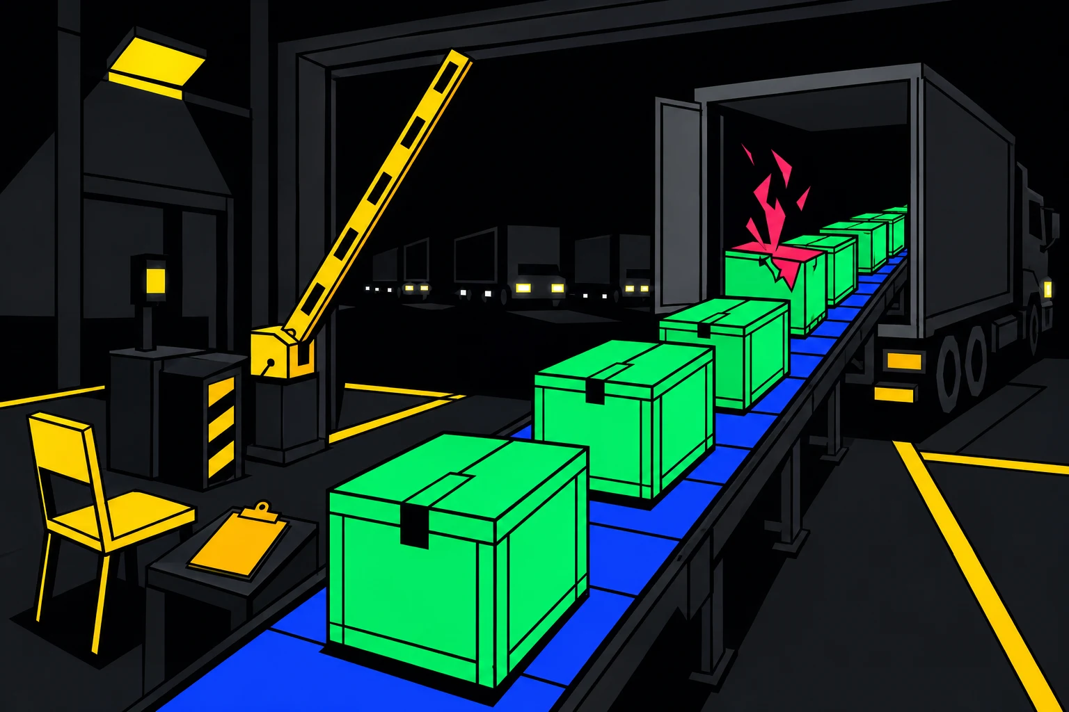 An empty inspection chair beside a raised barrier as sealed crates roll unopened into a waiting truck, one crate leaking a pink glow