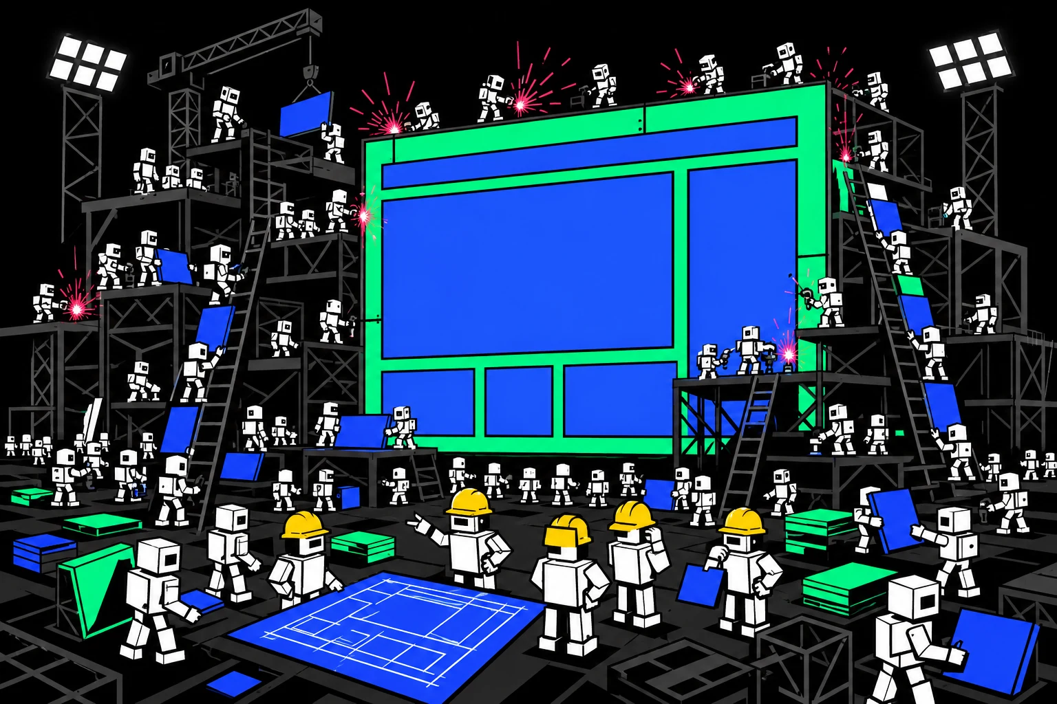 Hundreds of tiny robots swarm over scaffolding around one giant glowing browser window under construction